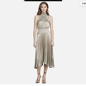 A.L.C. Renzo pleated metallic halter sleeveless midi dress. Metallic gold